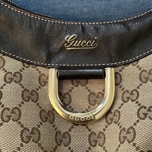 GUCCI Monogram Large D Ring Hobo Dark Brown